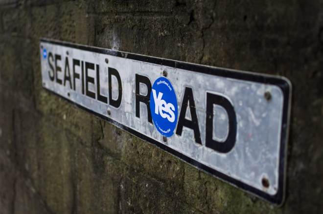 A road sign bears the logo of the pro-independence campaign ahead of the Scottish referendum.