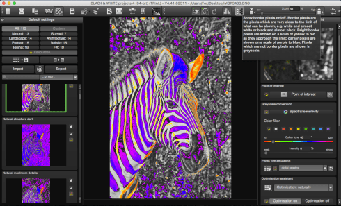 Pixels that are, or are nearing, total white or black are shown in various colours